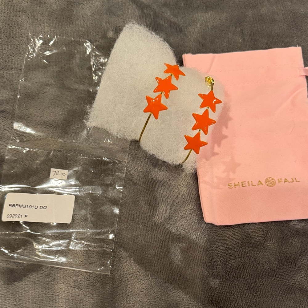 Sheila Fajl Silvina orange star gold hoops earrings